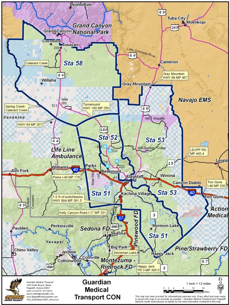 Map of the service area of Guardian Medical Transport