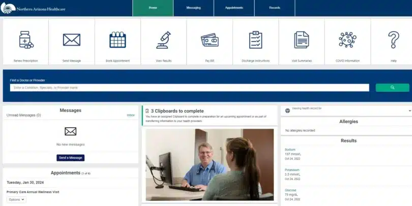 Screenshot of the New MyNAHealthcare Patient Portal Dashboard