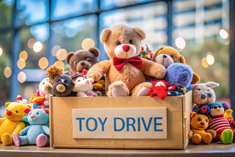 A cardboard box labeled ‘TOY DRIVE’ is filled with colorful stuffed animals, including teddy bears, a yellow duck, a blue bunny, and various plush toys. The box sits on a table in a bright indoor setting with blurred string lights and large windows in the background, creating a warm, festive atmosphere.