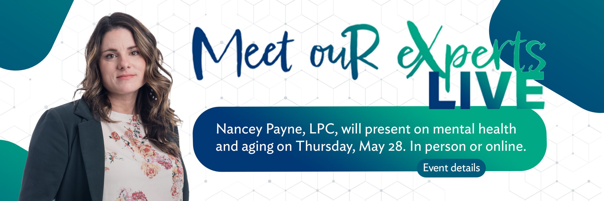 Meet our Experts Live event with Nancy Payne, LPC, Licensed Professional Counselor, Cottonwood on May 28, 2026 v2
