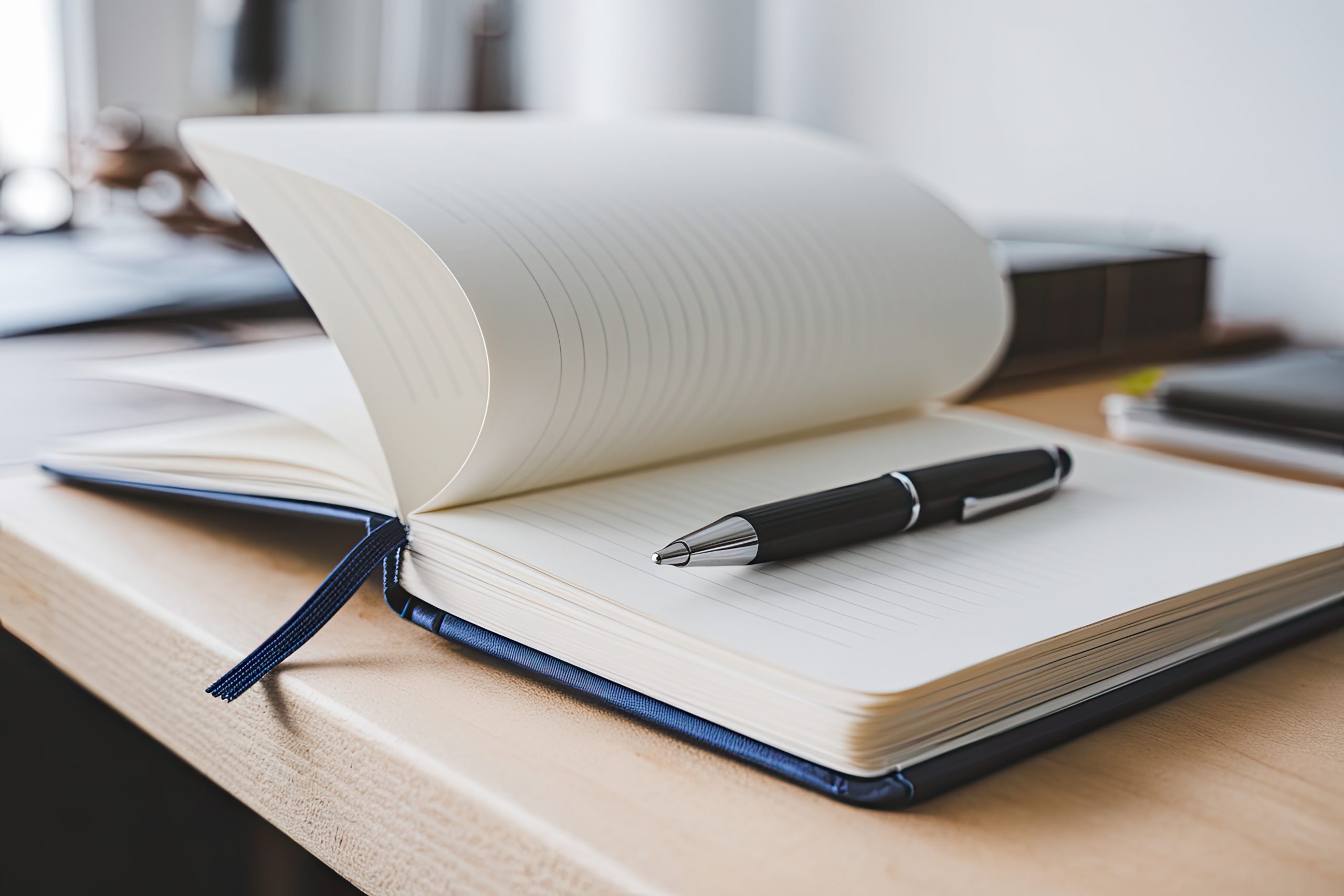 Blue notebook laying open on a desk with a black pen sitting on top of one of the pages.